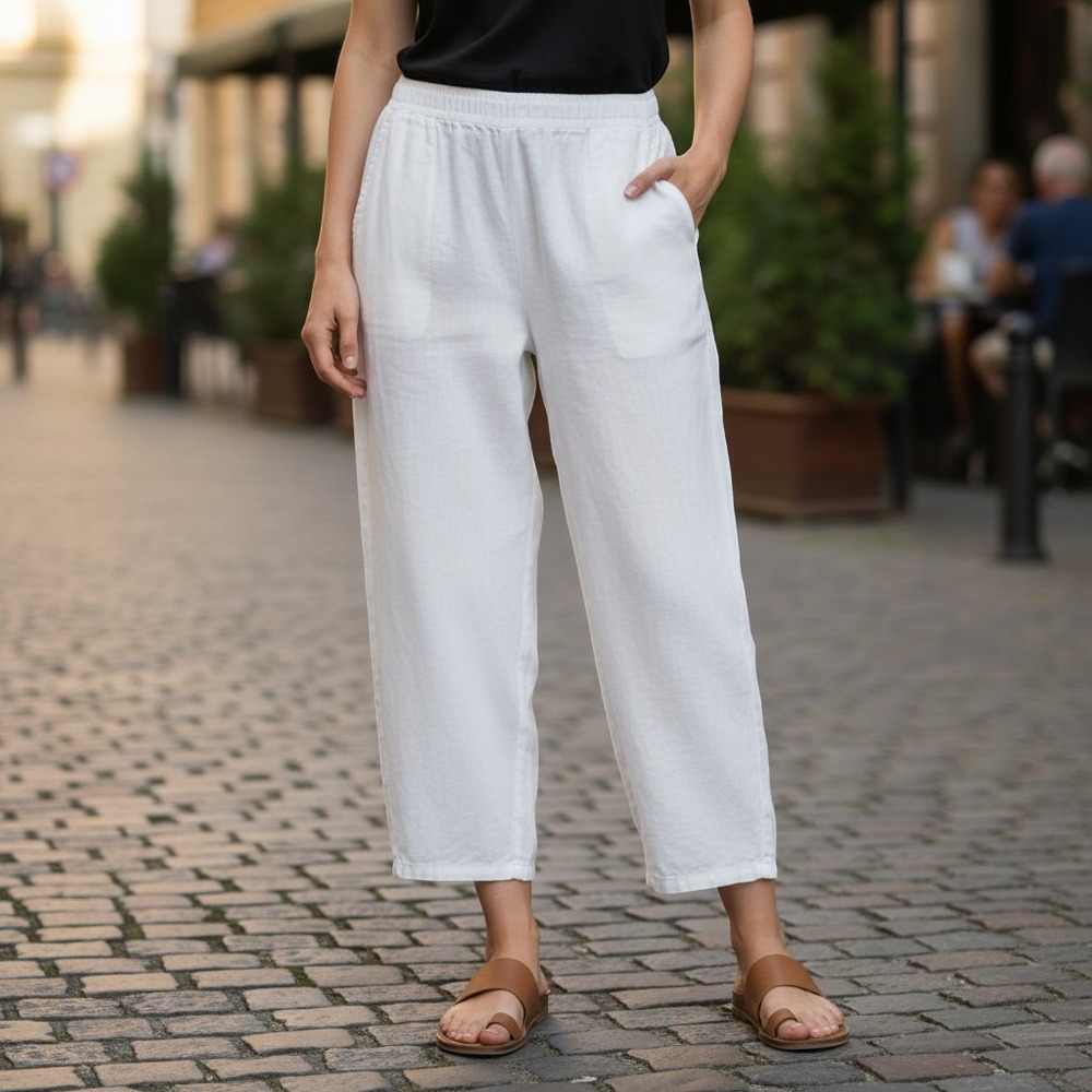J.Jill Love Linen White 100% Linen Wide Leg Cropped Pull-on Pants LG Beachy